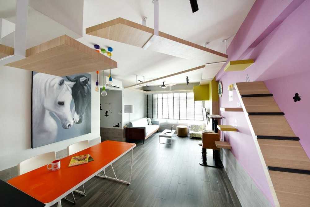 Eclectic Living Room with Vinyl Flooring and Staircase