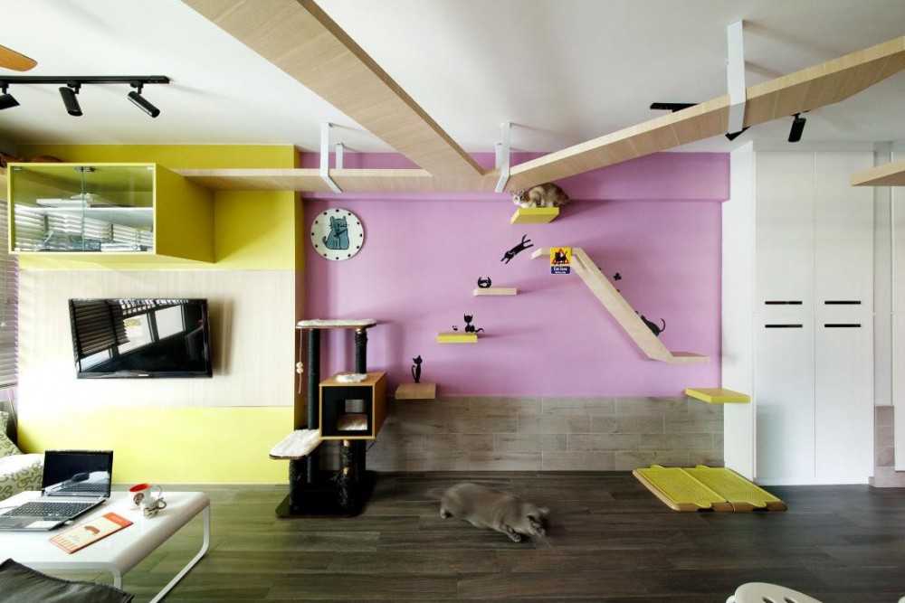 Eclectic Living Room with Vinyl Flooring and Wall Shelves