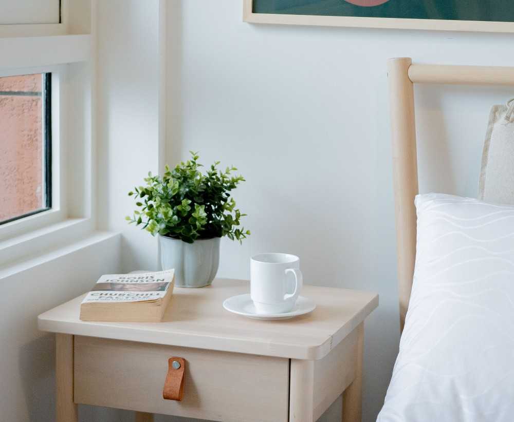 Modern Bedroom with Bedside Table and Houseplants