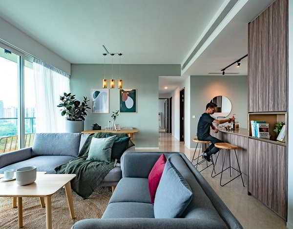 Modern Living Room with Bar Counter and Sofa