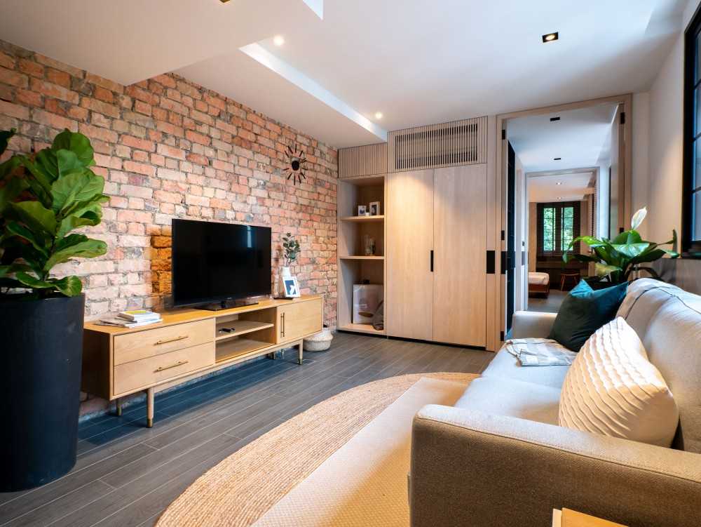 Country Living Room with TV Console and Feature Wall