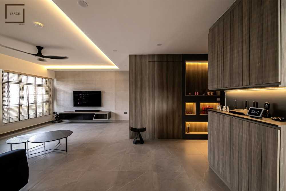 Contemporary Living Room with Homogeneous Tiles and Ceiling Light