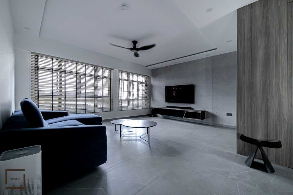 Contemporary Living Room with Homogeneous Tiles and TV Console