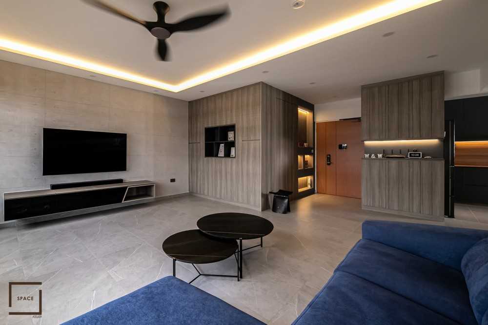 Contemporary Living Room with Homogeneous Tiles and TV Console