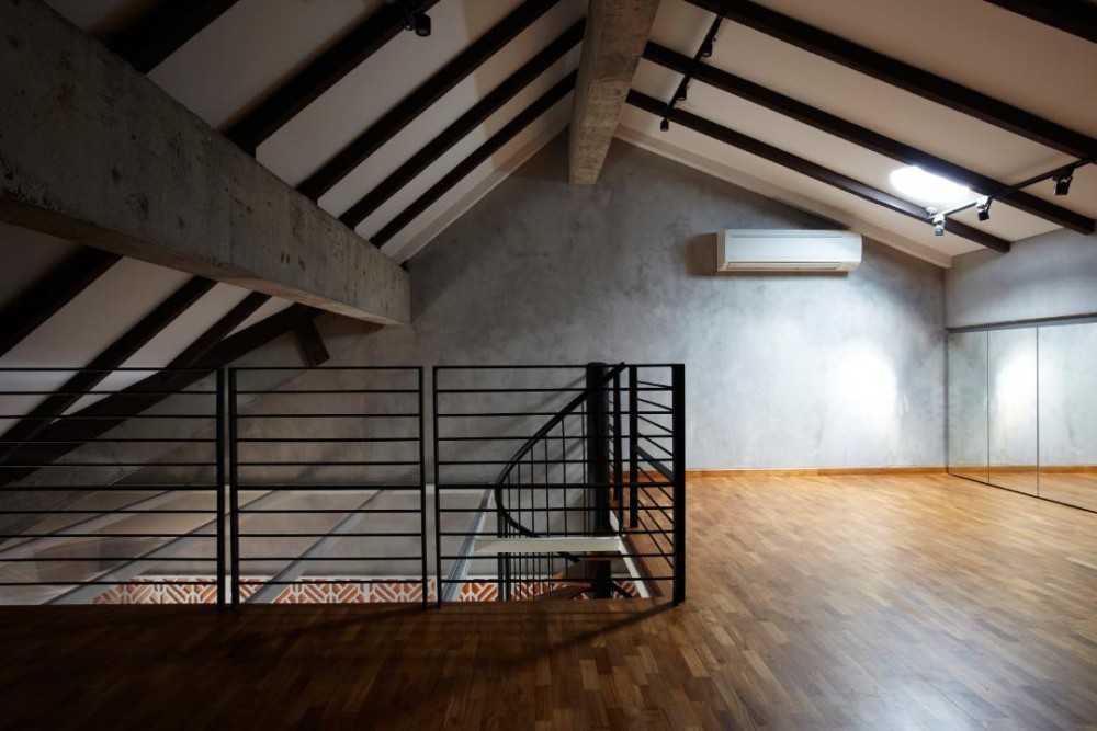 Eclectic Mezzanine with Wood Flooring and Mirror