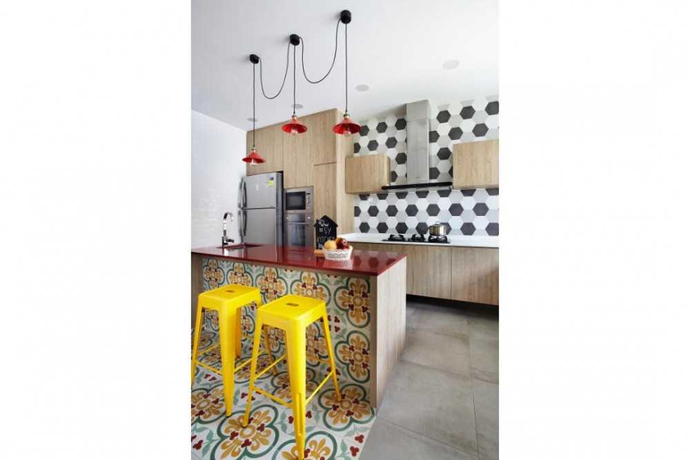 Eclectic Kitchen with Bar Counter and Bar Stool