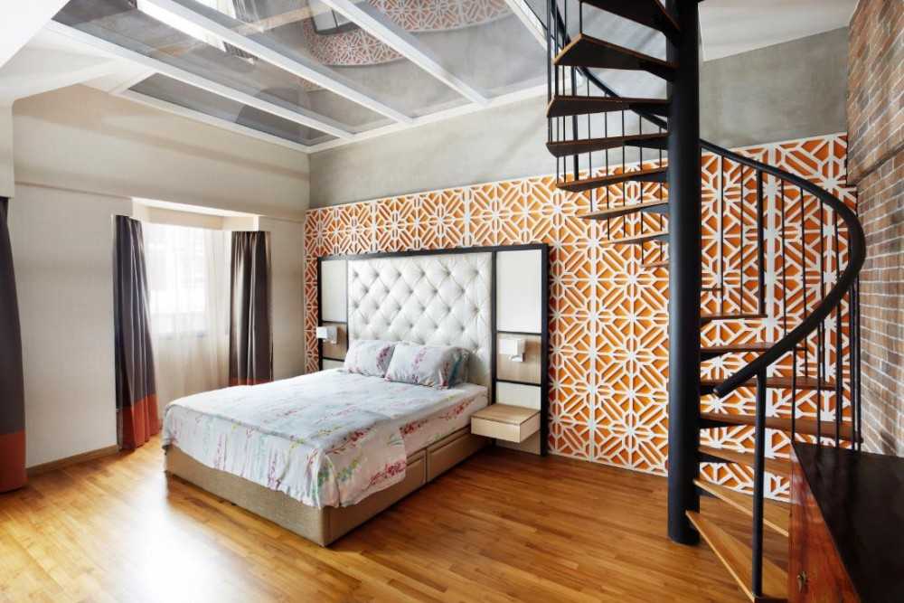Eclectic Bedroom with Staircase and Queen Bed