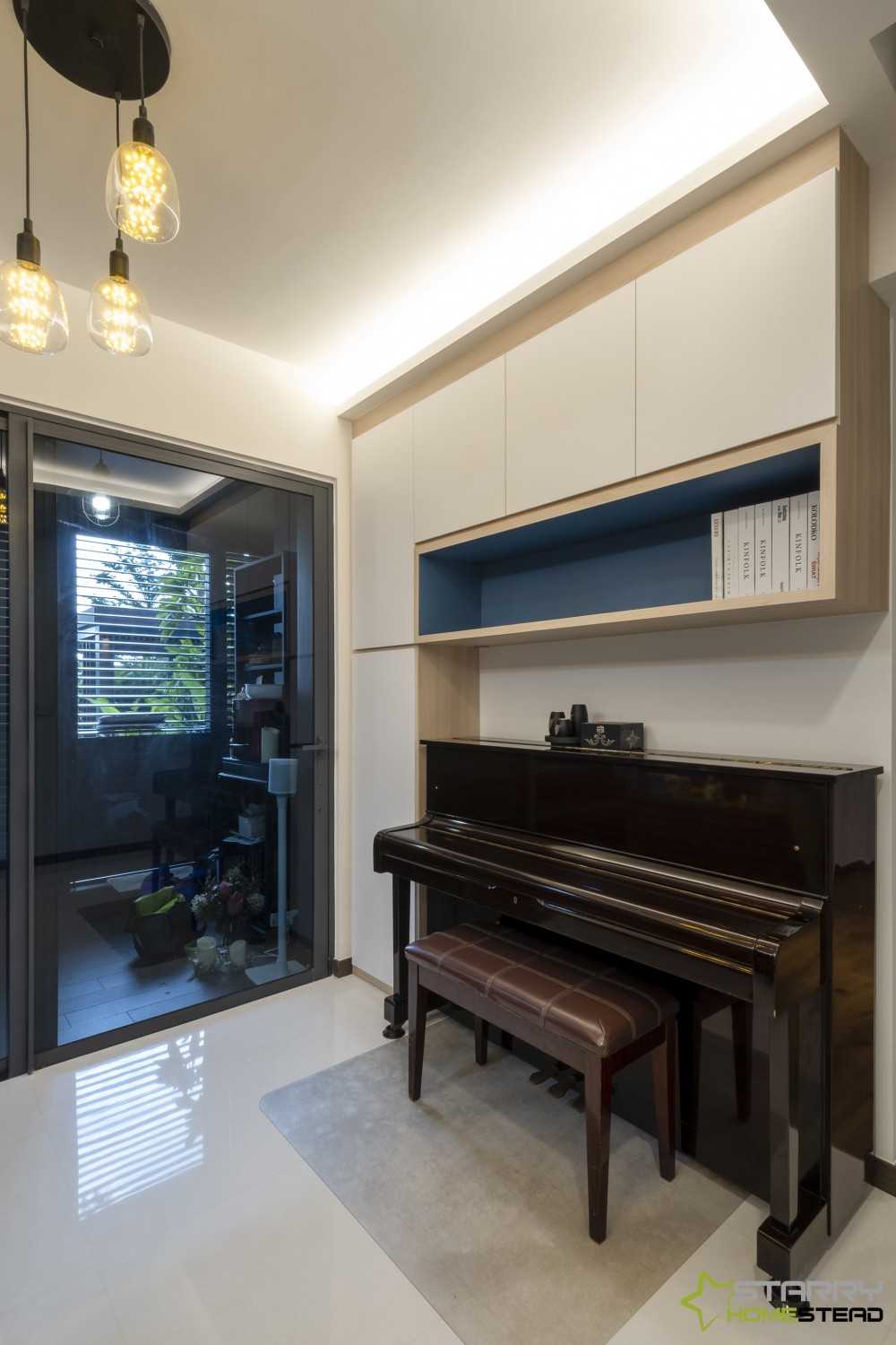 Contemporary Living Room with Cove Lighting and Wall Shelves