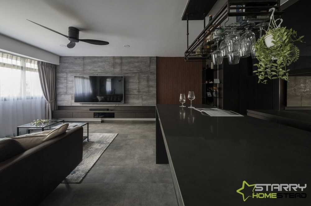 Modern Living Room with TV Console and Kitchen Island