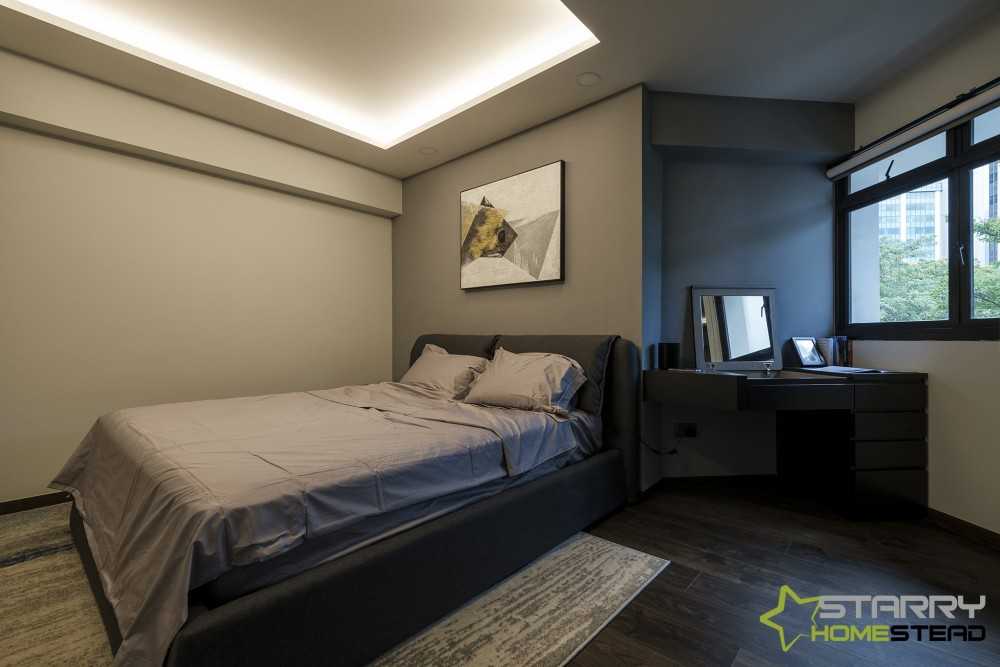 Modern Bedroom with Roller Blinds and Bedside Table