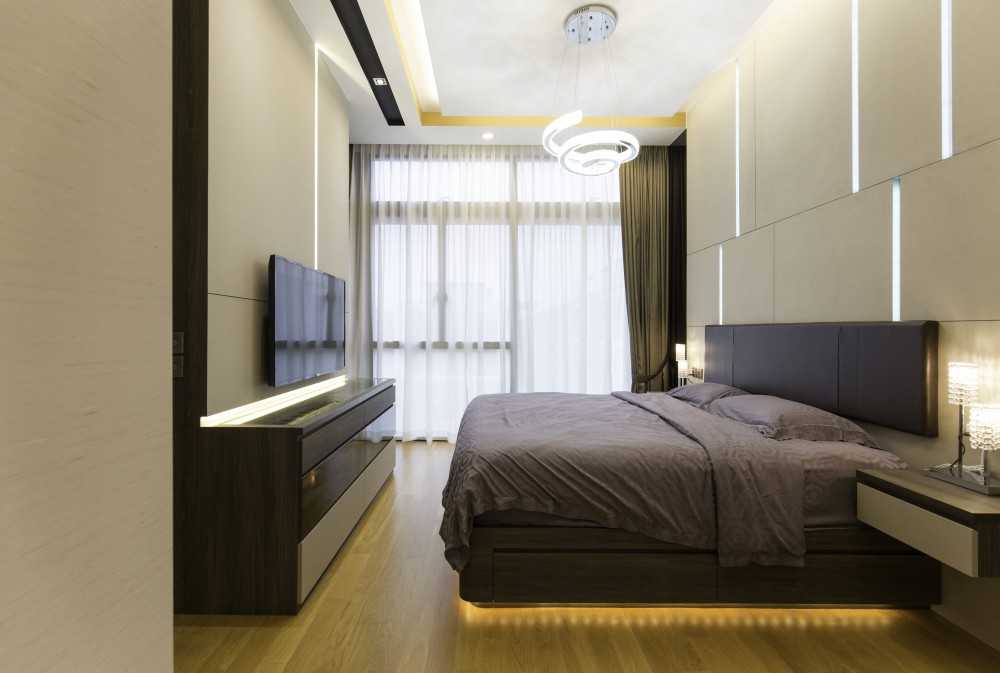 Modern Bedroom with Cove Lighting and Built-in Bed
