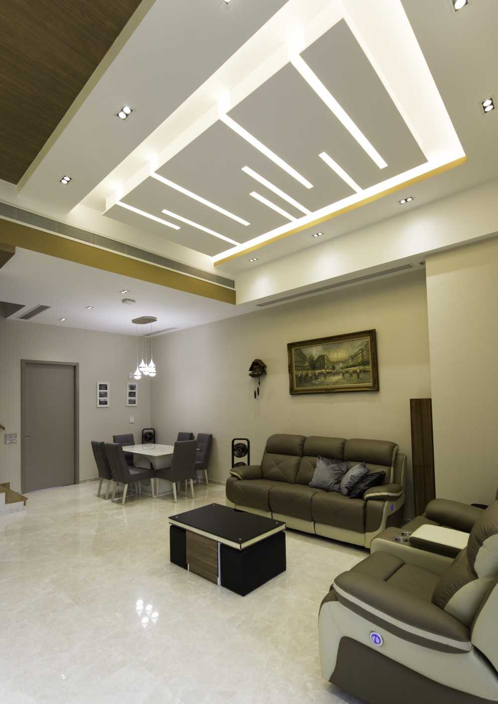 Modern Living Room with Marble Floor and Cove Lighting