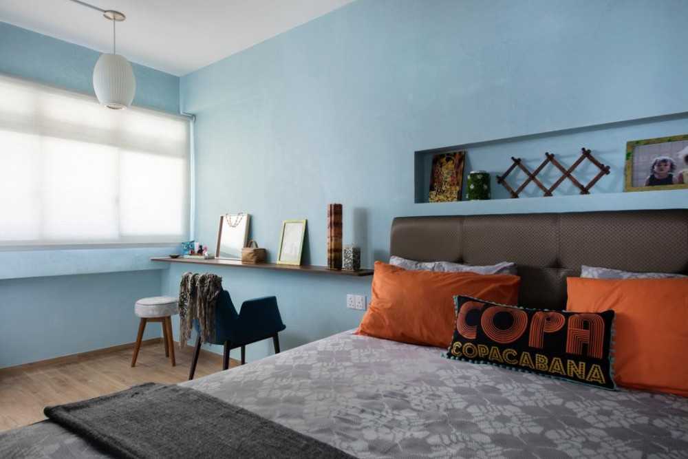 Eclectic Bedroom with Roller Blinds and Console Table