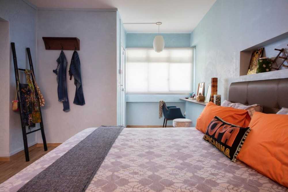Eclectic Bedroom with Roller Blinds and Console Table