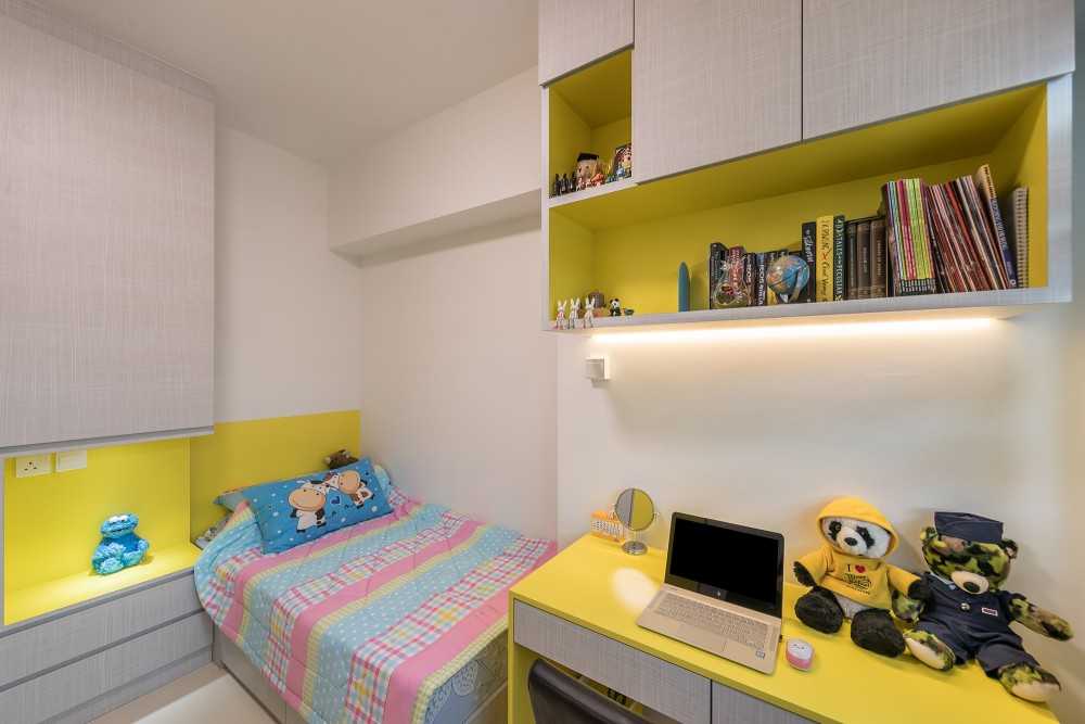 Asian Bedroom with Bookshelf and Built-in Bed
