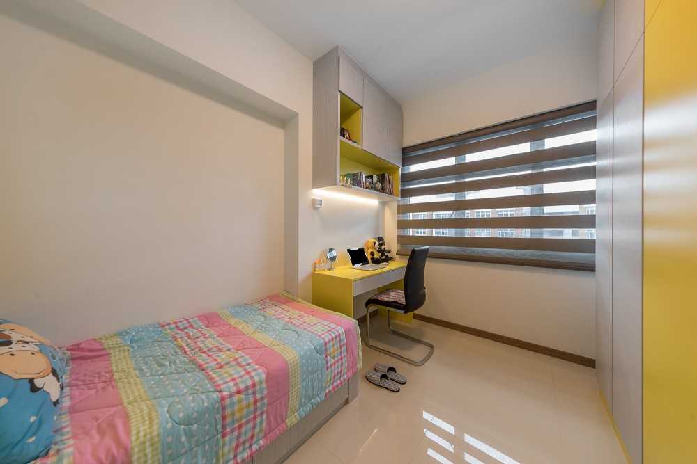 Asian Bedroom with Bookshelf and Roller Blinds