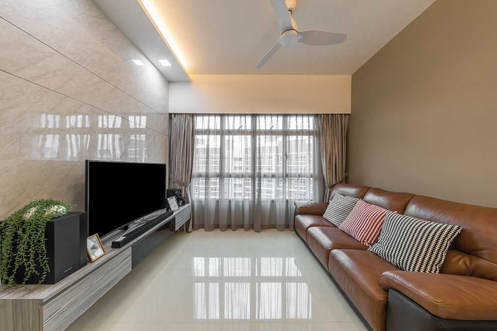 Asian Living Room with TV Console and Cove Lighting