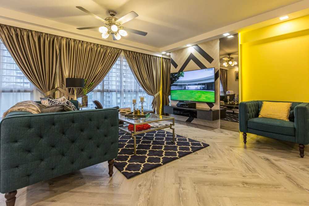Eclectic Living Room with Herringbone Tiling and TV Console
