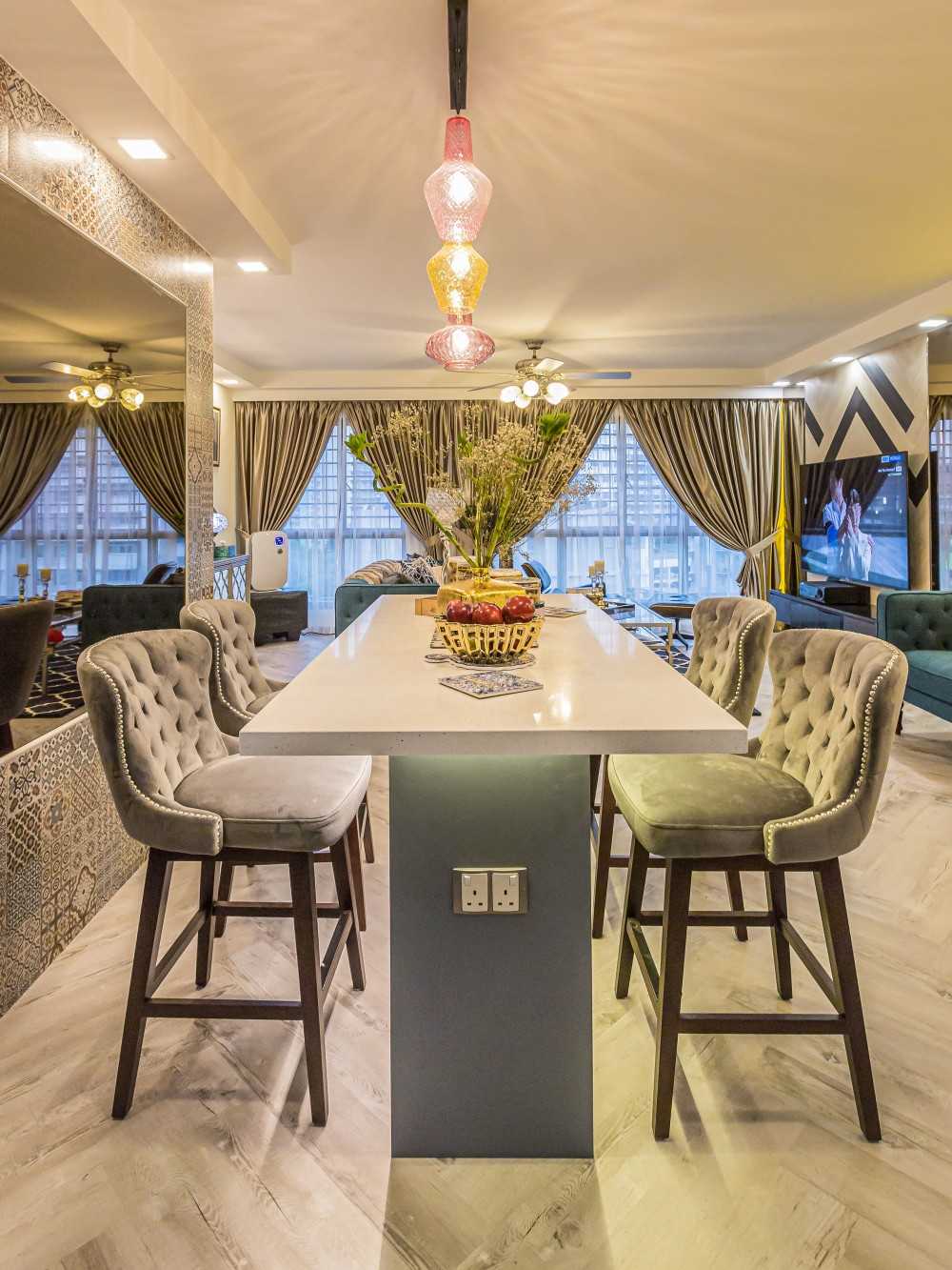 Eclectic Dining Room with Herringbone Tiling and Bar Counter