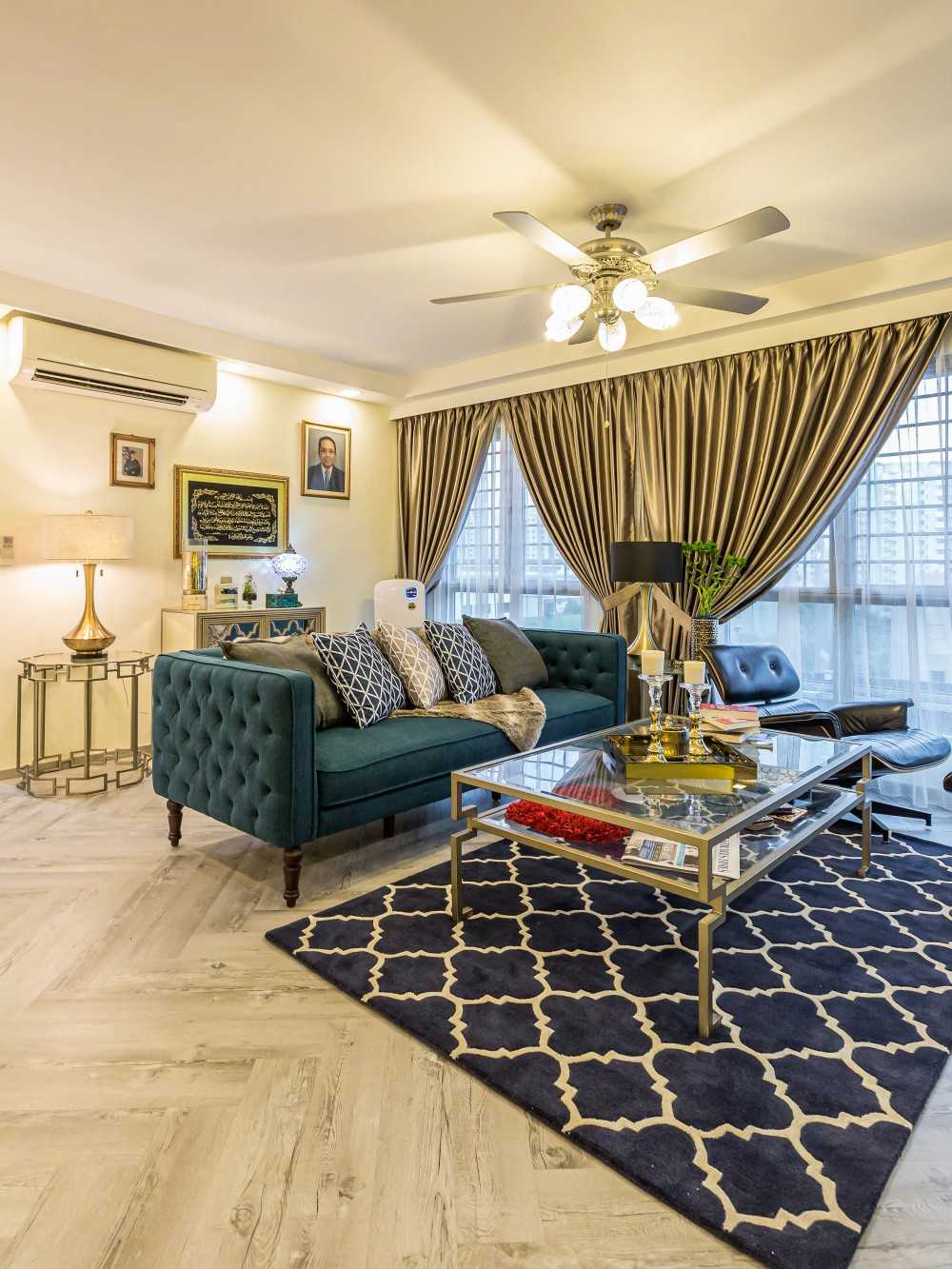 Eclectic Living Room with Herringbone Tiling and Feature Wall