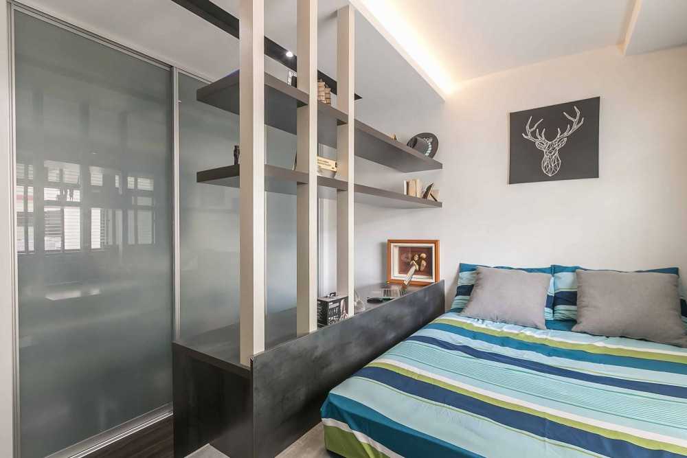 Modern Bedroom with Bookshelf and Cove Lighting