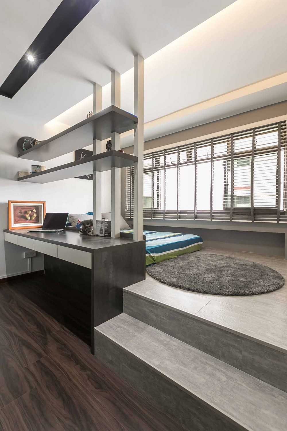Modern Bedroom with Bookshelf and Platform Bed