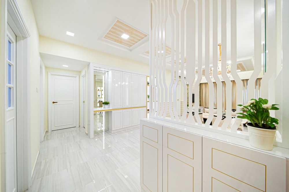 Country Entryway with Mirror and Shoe Cabinets