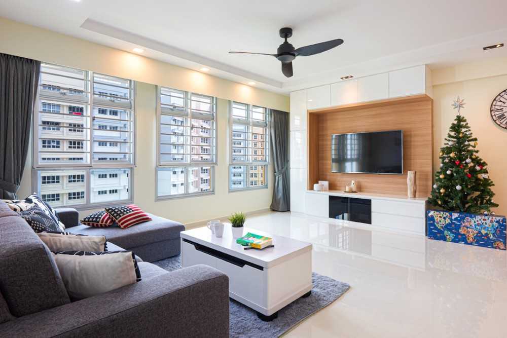 Scandinavian Living Room with Homogeneous Tiles and TV Console