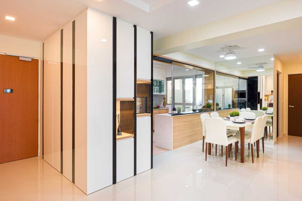 Scandinavian Dining Room with Countertop and Ceiling Light
