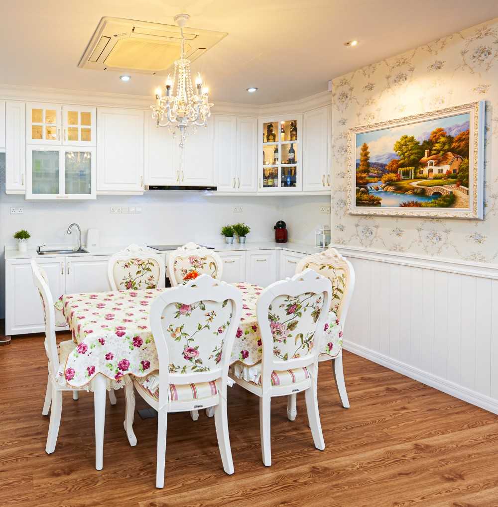 Vintage Dining Room with Wallpaper and Chandelier