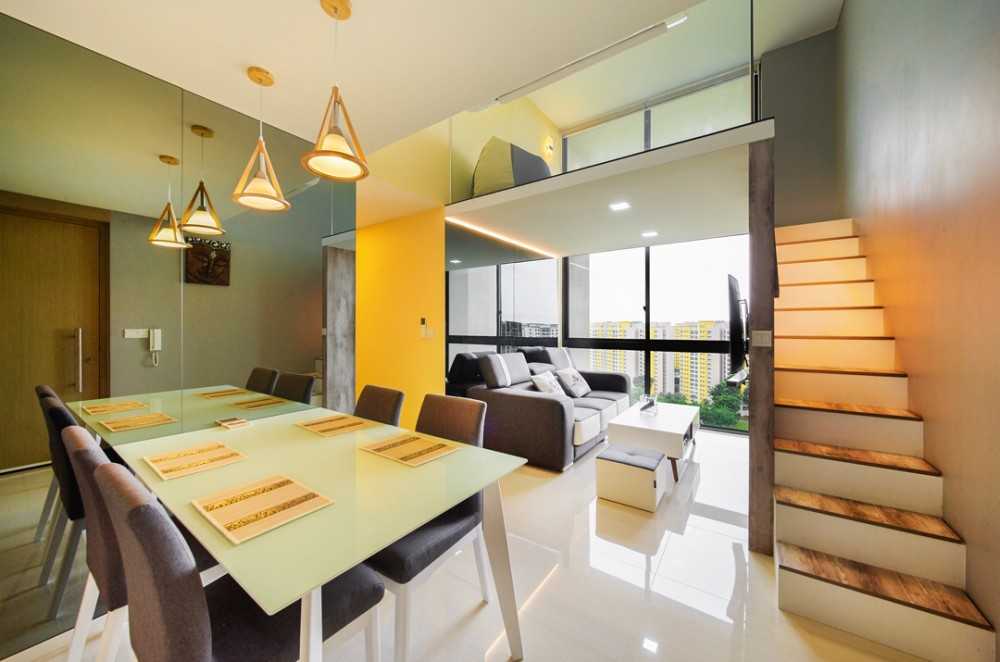 Modern Living Room with Mirror and Staircase