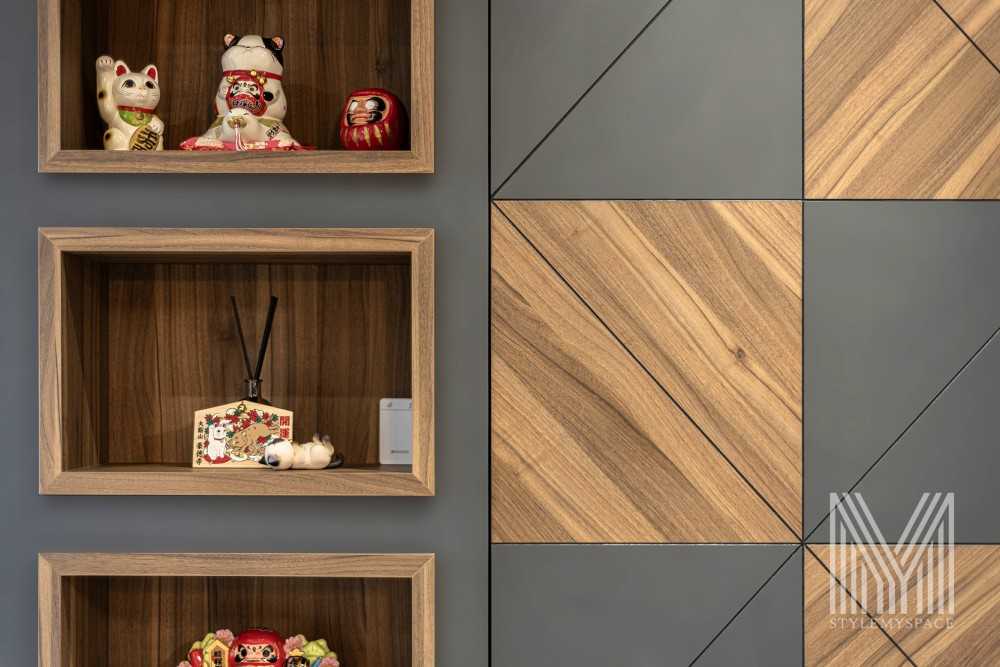 Modern Living Room with Bookshelf and Feature Wall