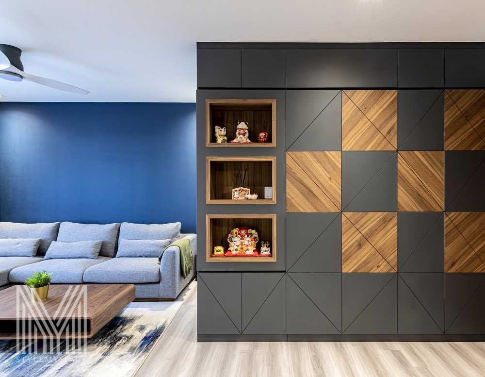 Modern Living Room with Bookshelf and Feature Wall