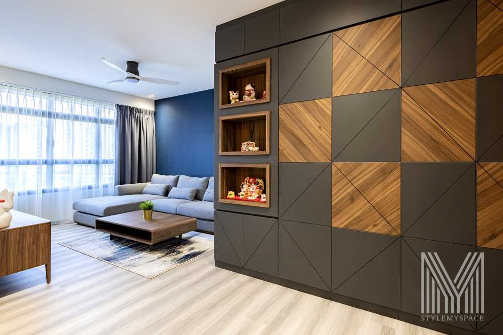 Modern Living Room with Bookshelf and Feature Wall