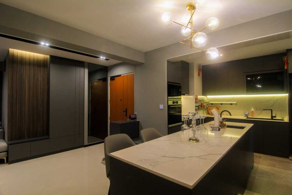 Modern Entryway with Settee and Kitchen Island