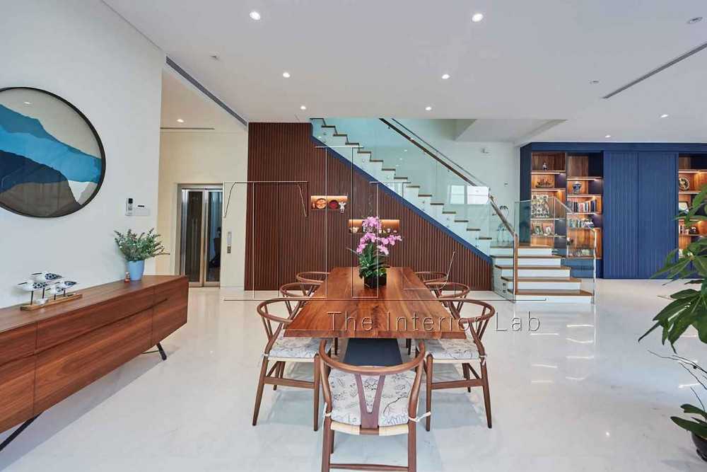 Modern Dining Room with Staircase and Drop Ceiling