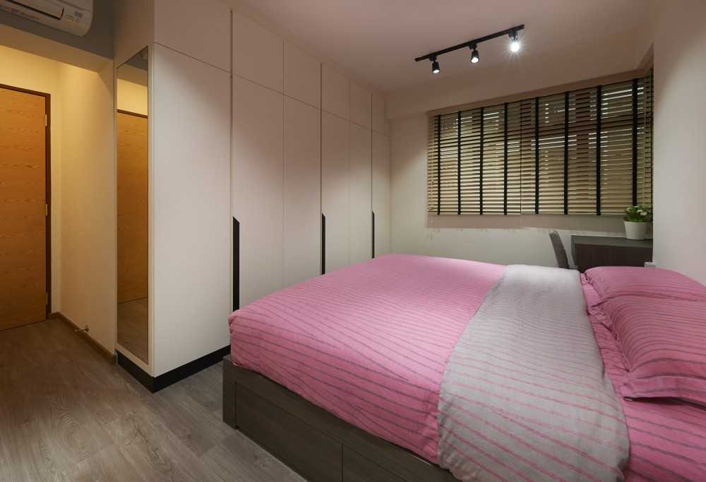 Scandinavian Bedroom with Wood Flooring and Mirror