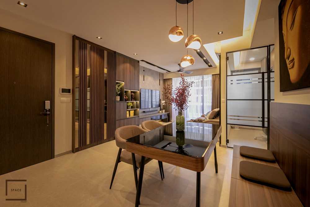 Contemporary Living Room with TV Console and Drop Light