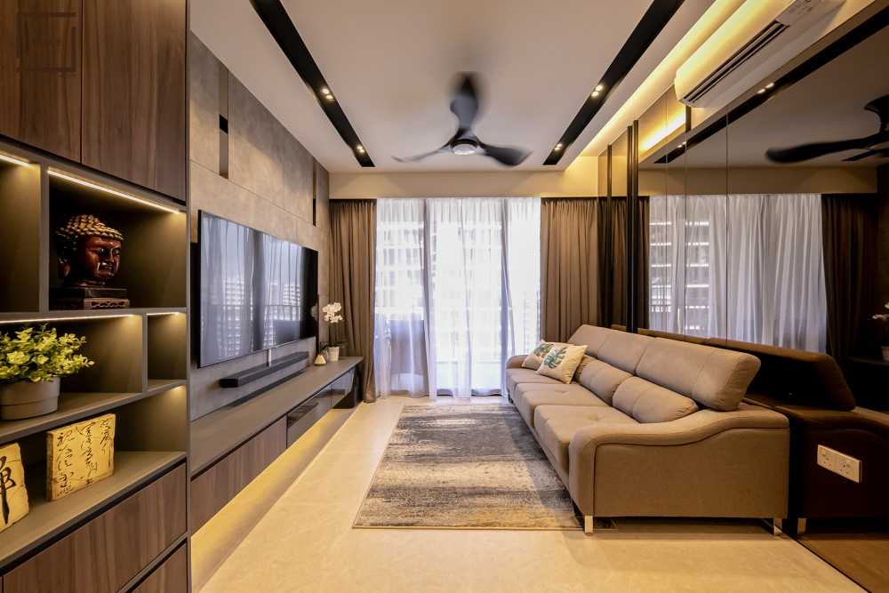 Contemporary Living Room with TV Console and Drop Ceiling