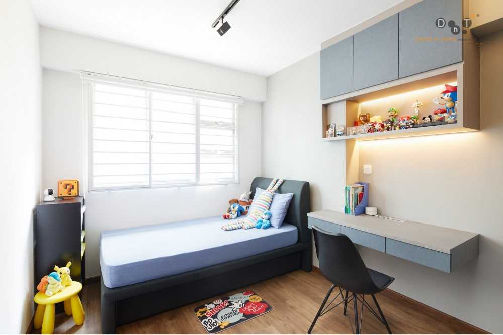 Modern Bedroom with Bookshelf and Ceiling Light