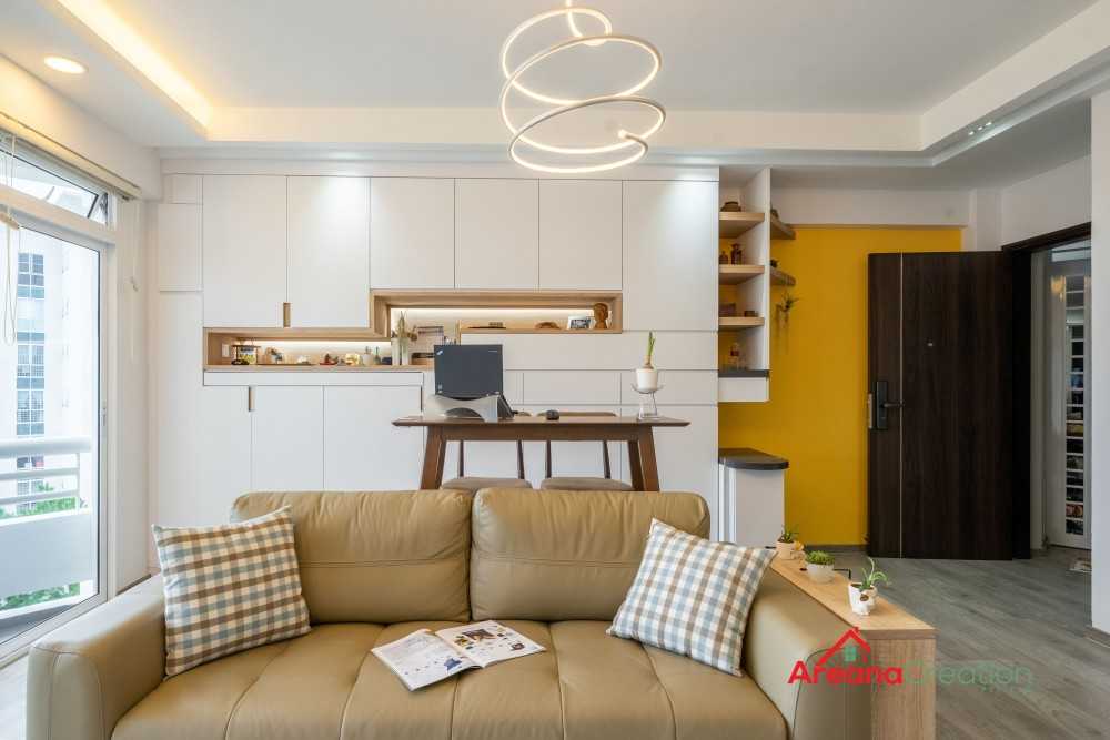 Contemporary Living Room with Bookshelf and Ceiling Light