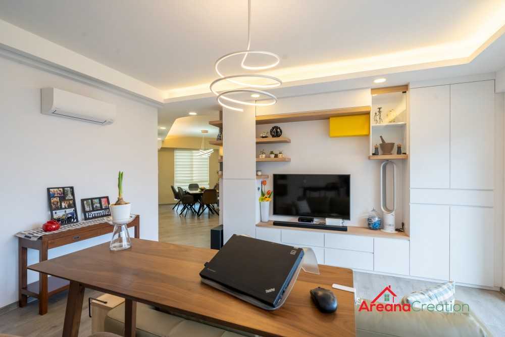 Contemporary Living Room with TV Console and Drop Ceiling