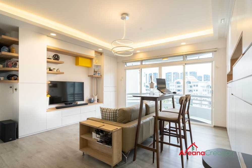 Contemporary Living Room with Bookshelf and TV Console
