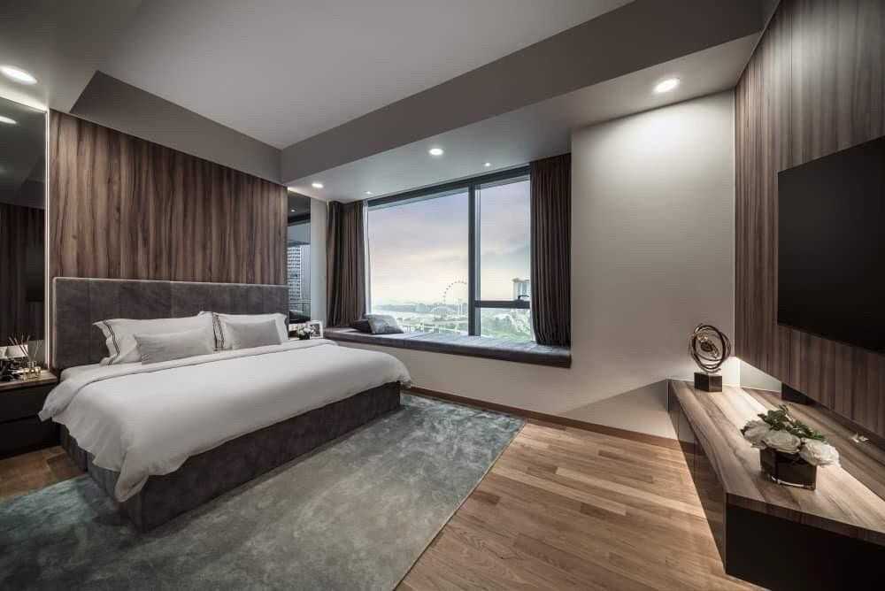 Contemporary Bedroom with Bookshelf and TV Console