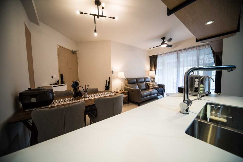 Contemporary Living Room with Countertop and Kitchen Island
