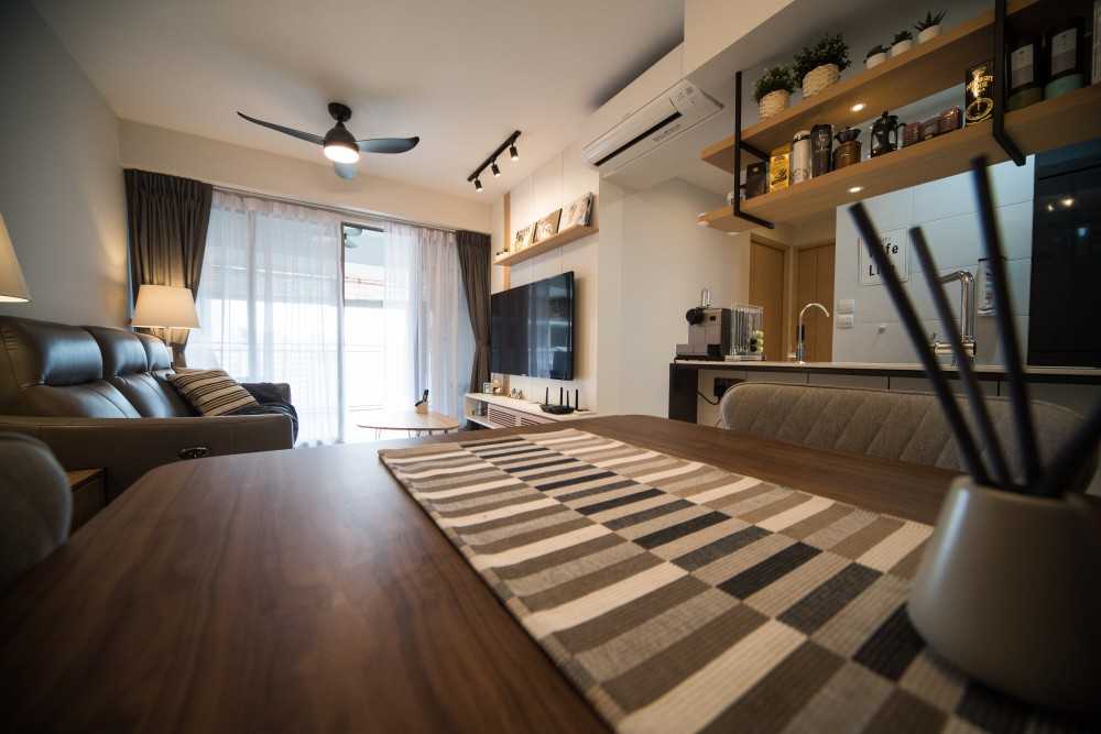 Contemporary Living Room with Kitchen Island and Open Kitchen