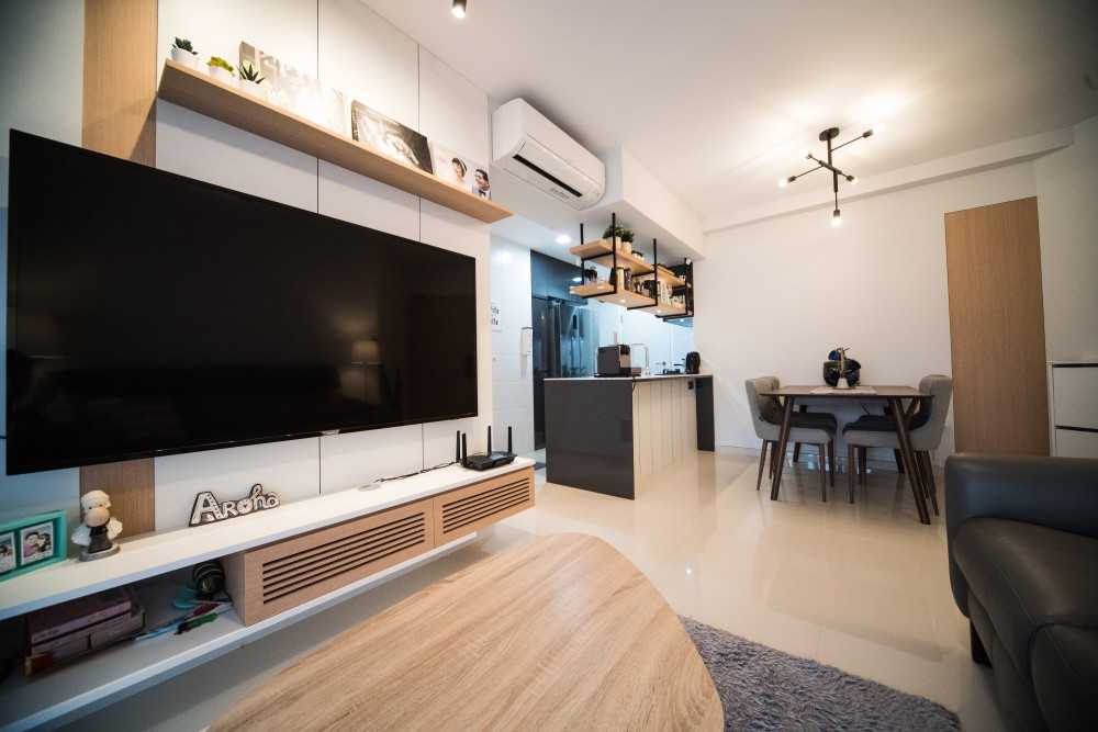 Contemporary Living Room with TV Console and Breakfast Counter