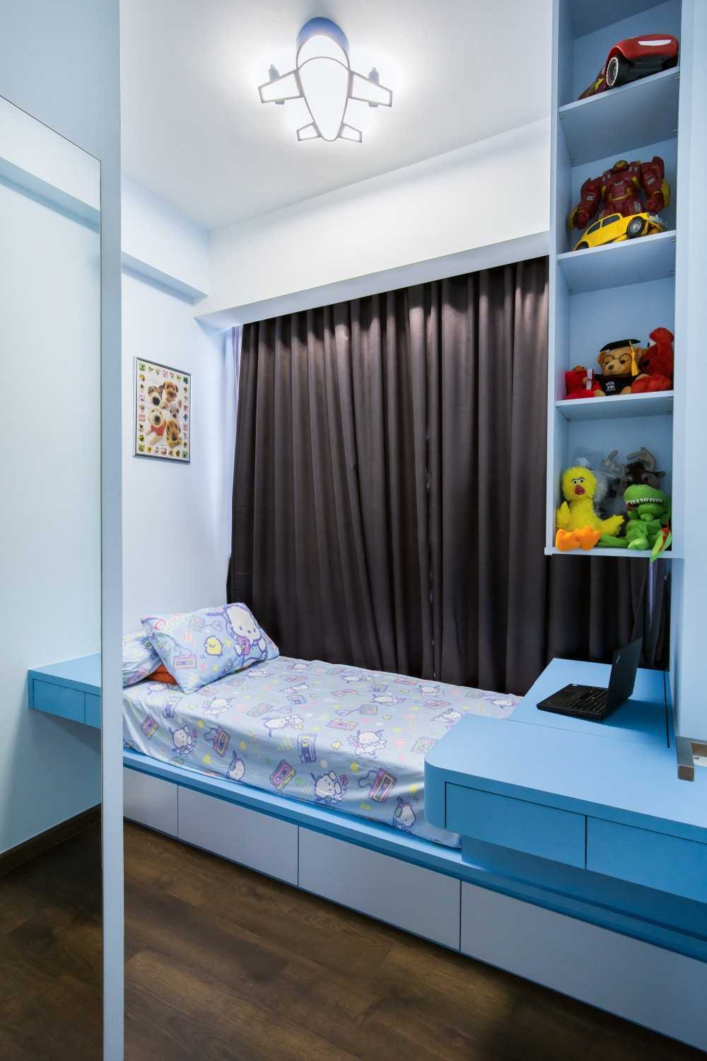 Contemporary Kids Room with Bookshelf and Platform Bed