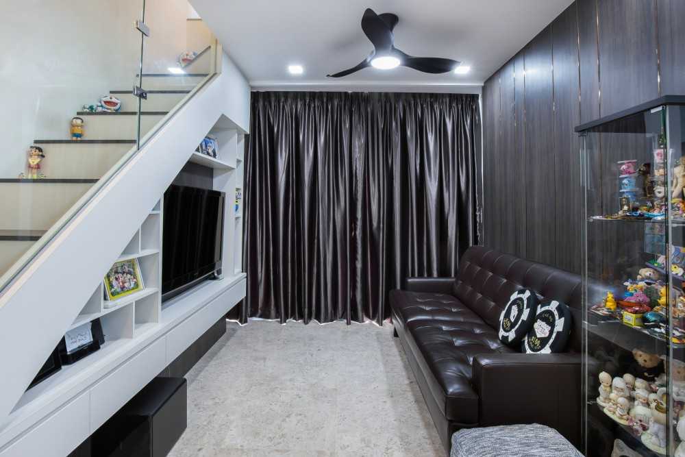 Contemporary Living Room with Bookshelf and Marble Floor