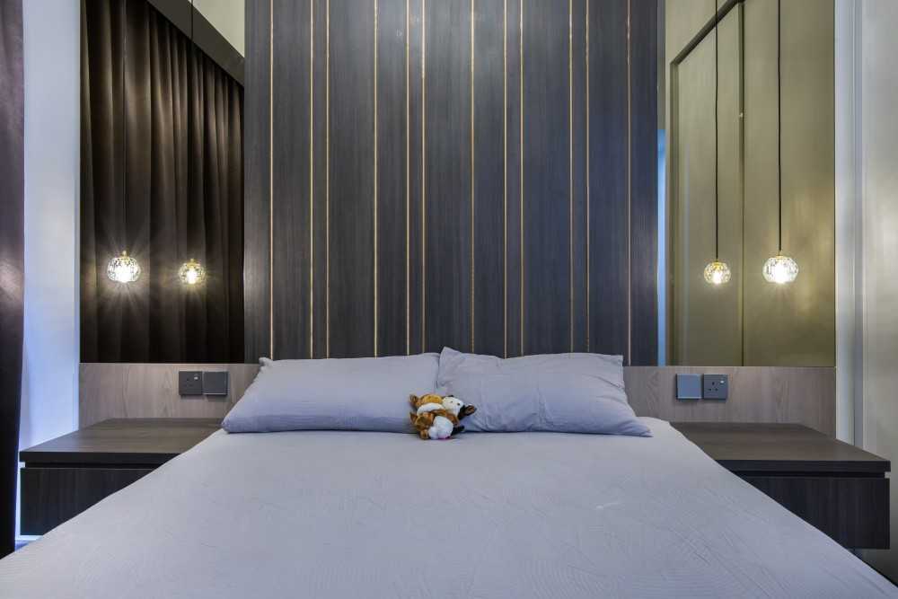 Contemporary Bedroom with Platform Bed and Parquet Floor